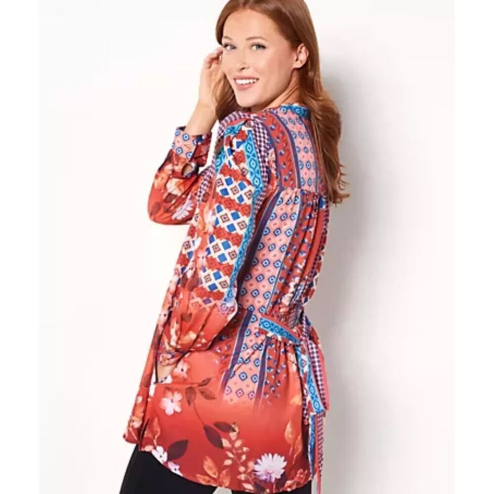 Tolani Collection Women's Long Sleeve Tunic Front Or Back Tie Rust Mixed Floral